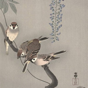 Impression d'art japonais, impression vintage Koson, impression d'art Ukiyo-e, reproduction d'estampe sur bois, moineaux, printemps, branche, fleurs, impression Giclée.