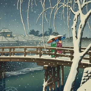 Japanese Art Print, Hasui Vintage Print, Ukiyo-e Art Print, Woodblock Print Reproduction, Winter, Edo River, Snow, Asian Art, Giclée, Gift