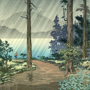 Japanese Art Print, Koitsu Vintage Print, Ukiyo-e Art Print, Woodblock Print Reproduction, Lake, Rain, Mountains, Forest, Landscape, Giclée