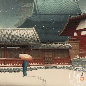 Japanese Art Print, Hasui Vintage Print, Ukiyo-e Art Print, Woodblock Print Reproduction, Osaka, Temple, Snow, Winter, Giclée Print