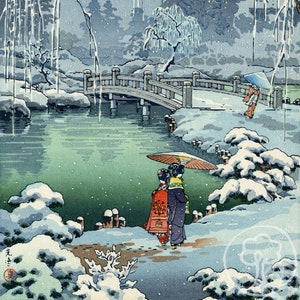 Japanese Art Print, Koitsu Vintage Print, Ukiyo-e Art Print, Woodblock Print Reproduction, Spring Snow, Japanese Garden, Bridge, Giclée