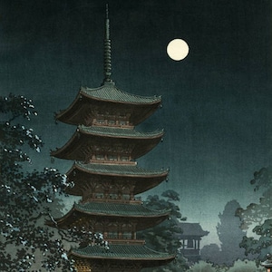 Japanese Art Print, Koitsu Vintage Print, Ukiyo-e Art Print, Woodblock Print Reproduction, Asian Art Moon, Pagoda, Night, Giclée Print, Gift