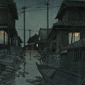 Japanischer Kunstdruck, Kawase Hasui Vintage Druck, Ukiyo-e Kunstdruck, Holzschnitt Reproduktion, asiatische Kunst, Sturm, Nacht, Regen, Bootswerft,