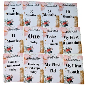 Cartes islamiques d'étape importante de bébé d'or rose et de fleur, cartes d'étape de souvenir de bébé de bébé, cartes d'étape arabe, cartes d'étape musulmanes
