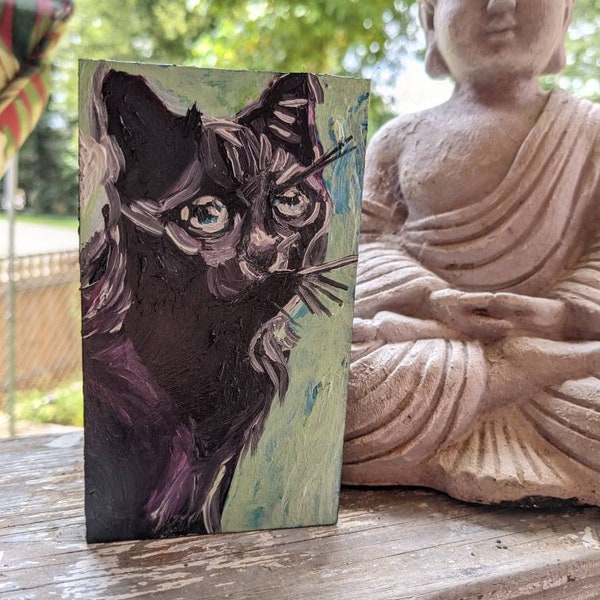 ART blocks small daily painting on recycled and reclaimed materials, oil painting collectable gift decor cat