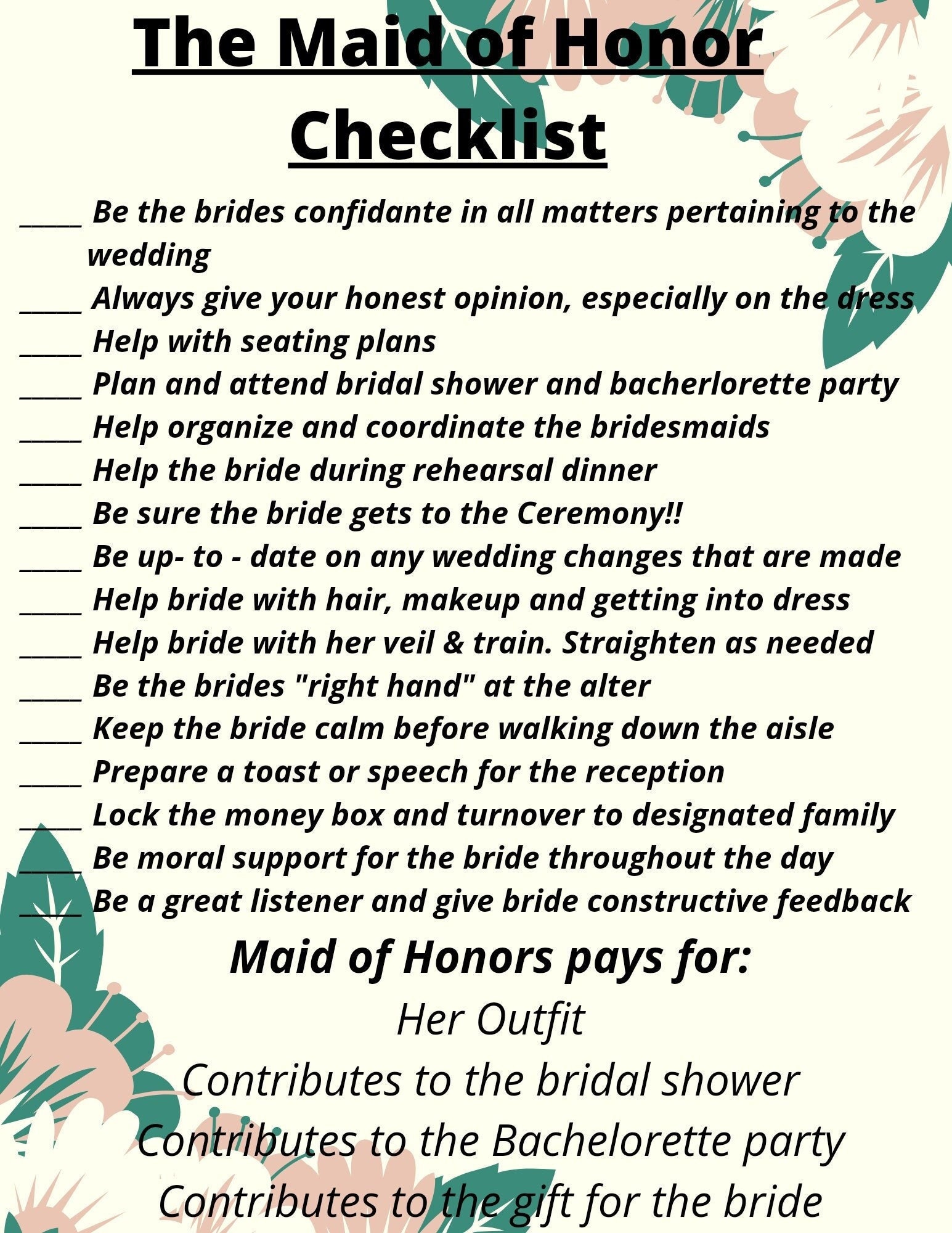 The Maid Of Honor Checklist Etsy 