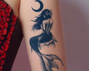 Mermaid’s Profile in Traditional Tattoo Style (Temporary) - trendy tattoos - vintage tattoo - sailor tattoo - tattoos for women, men, unisex