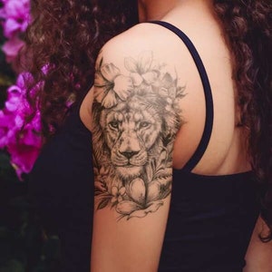 Trendy Floral Lioness Tattoo Sticker Sleeve - Etsy