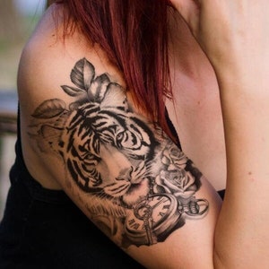 Floral Tiger and Clock Tattoo - Animal Tattoos - Nature Tattoos - Festival Tattoos - Fake Tattoos - Tattoo Sleeve for Women Men Unisex