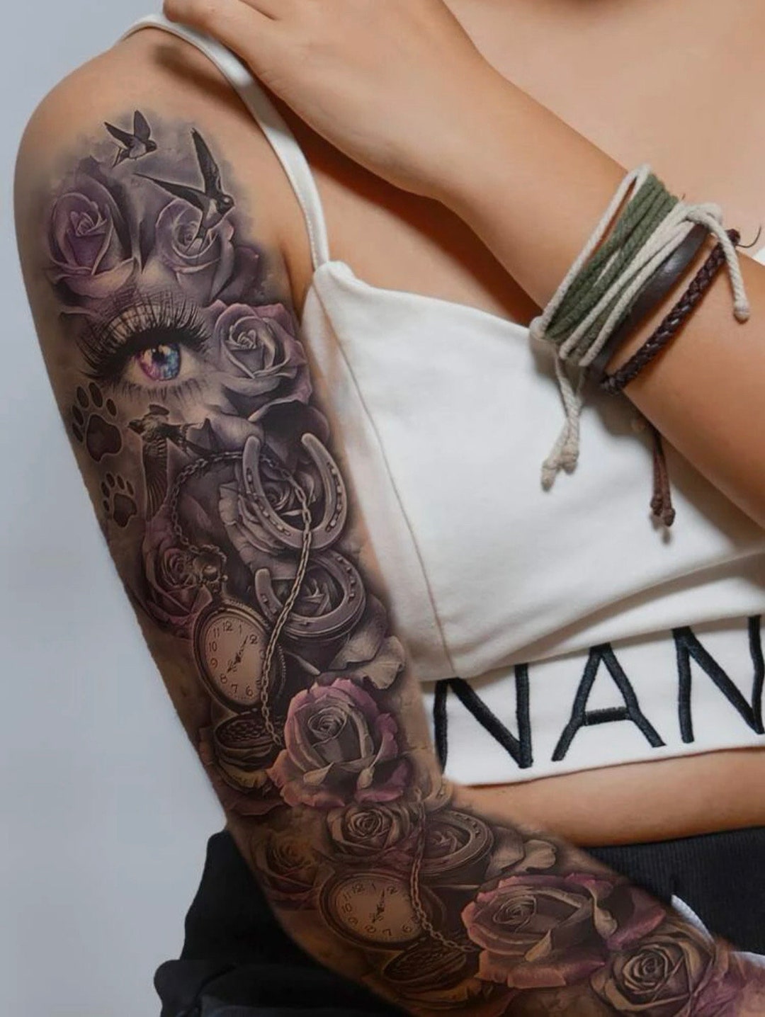 Colorful Floral Skull Temporary Tattoo Sleeve Punk Tattoos Etsy