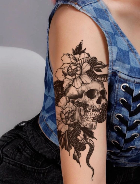 Flower Skull Snake Serpent Temporary Tattoo Tattoo Sticker - Etsy Flower Skull Snake Serpent Temporary Tattoo Tattoo Sticker - Etsy