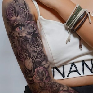 Lila Goth Punk Tattoo Ärmel - Temporäre Tattoos - Uhr Tattoo - Spatz Tattoo