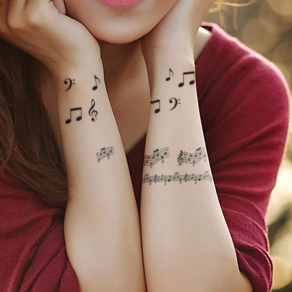 Tiny tattoos finger tattoos musical note tattoos for women men unisex - temporary tattoos set - beam notes, treble, clef, alto, tenor, breve