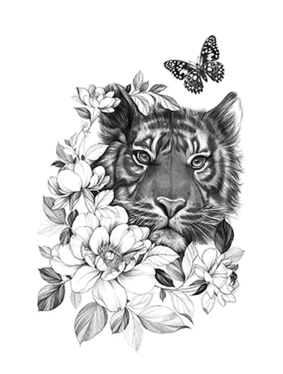 Temporary Floral Tiger Tattoo With Butterfly Tattoos for - Etsy