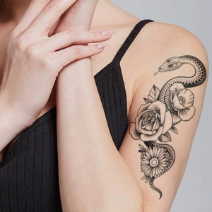 Floral Snake Temporary Tattoo - Flower Tattoos - Festival Tattoos - Traditional Tattoos - Serpent Tattoos - Tattoo Sleeves for Women Men