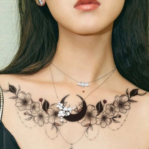 Dark Moon Lace Flowers Temporary Tattoo Chest Tattoo