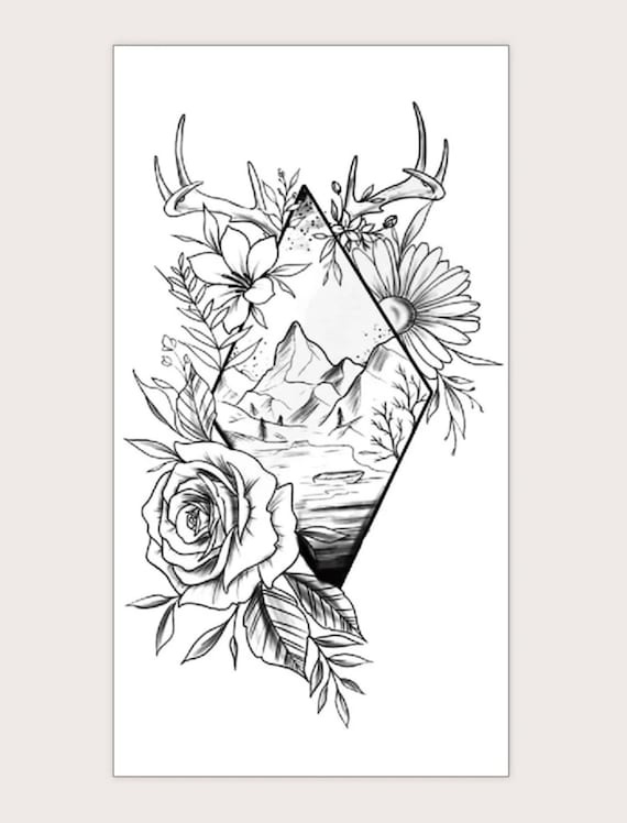 Geometric Mountains Tattoo With Floral Antler Accents - Etsy