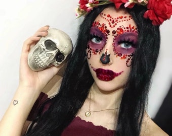 Halloween Fluoreszenz Tattoos – 12 Blätter Tag-der-Toten-Motive, Mit Glitzerstein-Aufkleber