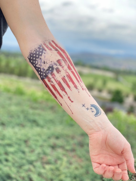 Patriotic American Flag With Skull Temporary Tattoo US Flag - Etsy Australia