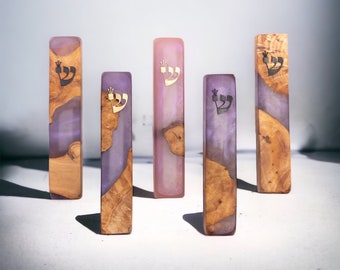 handcrafted mezuzah cases+noncosher scroll as a gift!!! made of olive wood and resin. made in israel. uniqe piece. color purple/pink