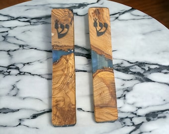 handcrafted mezuzah case  + noncosher scroll as a gift!!. made of olive wood and resin. made in israel