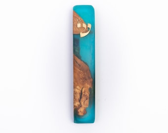 mezuzah included noncosherscroll as a gift! handcrafted olive wood mezuzah mixed with resin in blue color