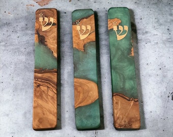 handcrafted mezuzah case+ noncosher scroll as a gift!! made from olive wood and resin in israel