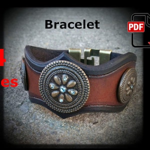 May include: A brown leather bracelet with two decorative metal circles, each with a flower design and rhinestones. The bracelet is available in four sizes. The image includes the text "Bracelet" and "PDF".