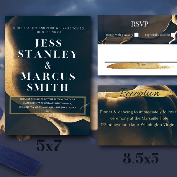 Navy and Gold Marbled Wedding Invitation Suite | evening | dramatic | blue | dark | commitment ceremony | chic