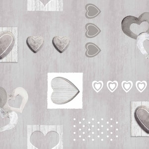 Peut inclure: Un fond gris et blanc à motifs avec différentes formes de cœur. Certains cœurs sont en bois, d'autres sont gris uni et d'autres sont soulignés de blanc. Le fond a une texture de grain de bois.