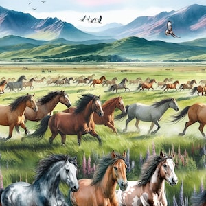 Peut inclure: Une peinture représentant un troupeau de chevaux bruns, blancs et noirs courant à travers un champ vert. Les chevaux sont dans différentes poses, certains galopent, d'autres trottinent et d'autres sont immobiles. L'arrière-plan est un champ vert luxuriant avec des collines vallonnées et un ciel bleu.