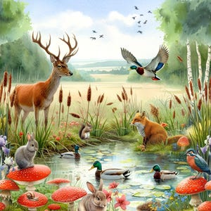 Op de afbeelding: Een aquarel schilderij van een serene bosscène. Een hert staat in hoog gras, terwijl eenden in een vijver zwemmen. Konijnen en een vos zijn ook aanwezig. Rode paddenstoelen bezaaien de voorgrond en vogels vliegen in de lucht.
