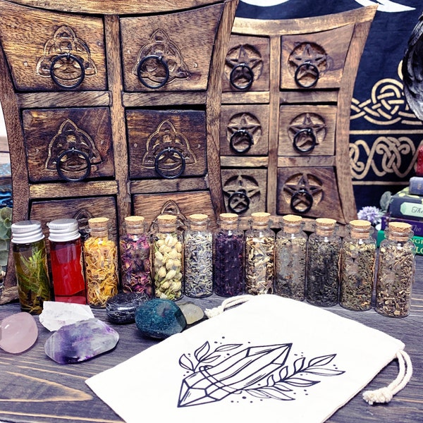 Herb & Crystal Apothecary Ritual Kit | Witch Kit | Altar Decor | Witchcraft Herbs | Apothecary Herbs | Witchy Decor | Pentacle | Triquetra