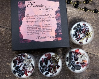 Hecate Tea Light Candle Set | Crystal Infused | Herb Infused | Crystal Candles | Witchy Gift Set | Goddess Candles | Stocking Stuffer
