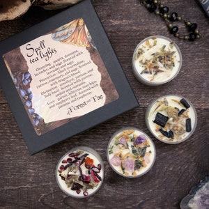 Tea Light Spell Candle Set Crystal Infused Herb Infused Witchcraft Candles Crystal Candles Witchy Gift Set Handmade Gift image 1