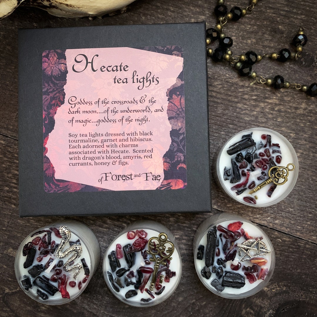 Hecate Tea Light Candle Set Crystal Infused Herb Infused Crystal Candles Witchy Gift Set Goddess