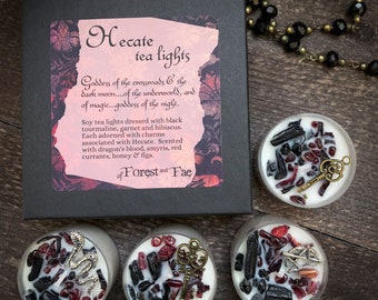Hecate Tea Light Candle Set | Crystal Infused | Herb Infused | Crystal Candles | Witchy Gift Set | Goddess Candles | Handmade Gift