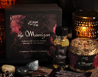 Kit rituale di Morrigan per fiducia, saggezza e resilienza / Kit di incantesimi della Dea della Stregoneria con erbe, cristalli, olio per altare e rosario