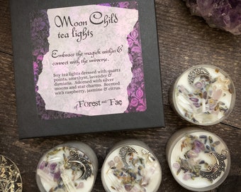 Moon Child Tea Light Candle Set | Crystal Infused | Herb Infused | Crystal Candles | Witchy Gift Set | Goddess Candles | Handmade Witch Gift