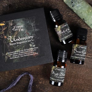 May include: A home fragrance set with three essential oil bottles and a black box. The bottles are labeled "Witch of the Woods", "Secret Garden", and "Night Bloom". The box reads "Forest and Fae Understory home fragrance set".
