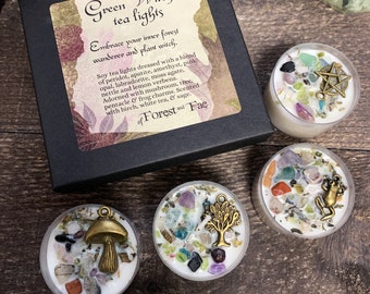 Green Witch Tea Light Candle Set | Crystal Infused | Herb Infused | Crystal Candles | Witchy Gift Set | Cottagecore | Stocking Stuffer