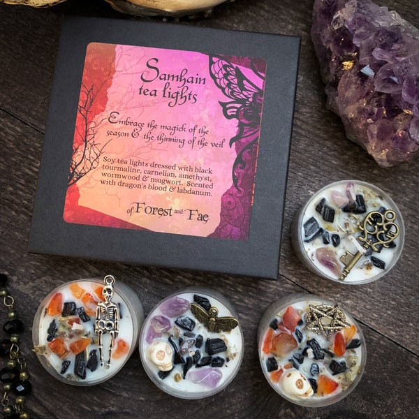 Samhain Tea Light Candle Set | Crystal Infused | Herb Infused | Witchcraft Spell | Crystal Candles | Witchy Gift Set | Halloween Candles