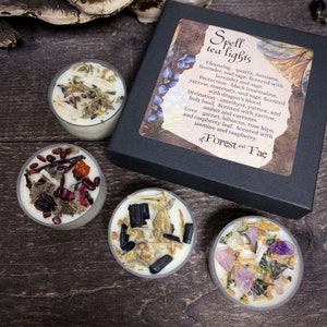 Tea Light Spell Candle Set Crystal Infused Herb Infused Witchcraft Candles Crystal Candles Witchy Gift Set Handmade Gift image 2