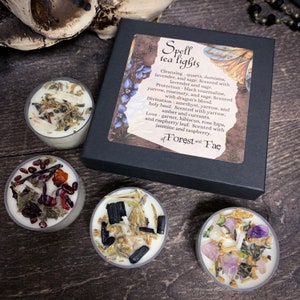 Tea Light Spell Candle Set Crystal Infused Herb Infused Witchcraft Candles Crystal Candles Witchy Gift Set Handmade Gift image 3