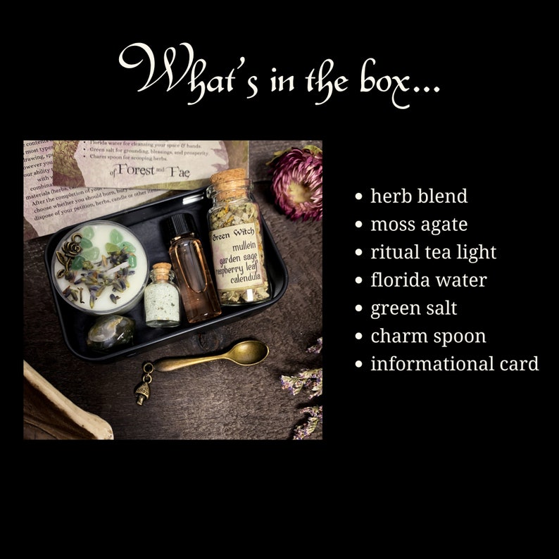 May include: A black metal box with a variety of items for a green witch ritual. The box contains a small glass jar of dried herbs, a small bottle of oil, a tea light candle, a small bottle of water, a green stone, a charm spoon, and an informational card. The card reads "Green Witch mullein garden sage raspberry leaf calendula".