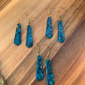 Dark Turquoise with Gold Flake Elongated Teardrop / Handmade Polymer Clay Earrings