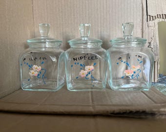 Vintage Baby Vanity Hand Painted Glass Jars with Glass Lids Set Of 3 (4421)