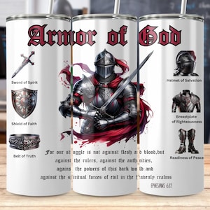 Vaso envolvente con la armadura completa de Dios Efesios 6:10 Caballero cristiano Diseño de sublimación religiosa delgada de 20 oz Espada y escudo Descarga bíblica