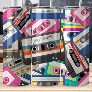 Old-School Mixtape Tumbler Wrap 80s-Inspired Design Seamless Cassette Colorful Sublimation Retro Mixtape 20oz Skinny Digital 80s Wrap