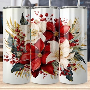 Poinsettia Sublimation File 20oz Skinny Digital Download Tumbler Wrap Vintage Floral Poinsettia Flowers Straight And Tapered Commercial Use